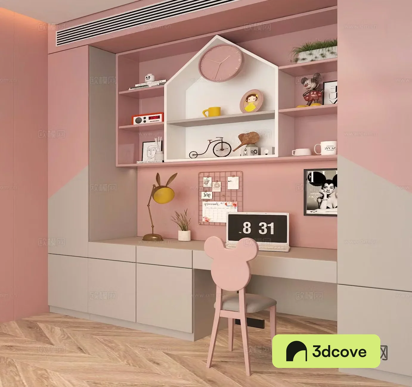 Children’s room girl’s room desk chair cabinet