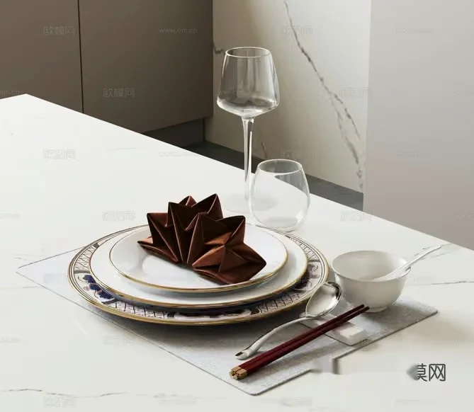 A Table Setting With A Decorative Napkin 3D Model – 6760 – VRAY Render