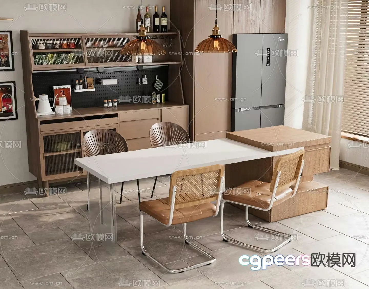 Middle style dining table and chairs Middle island table 3D model