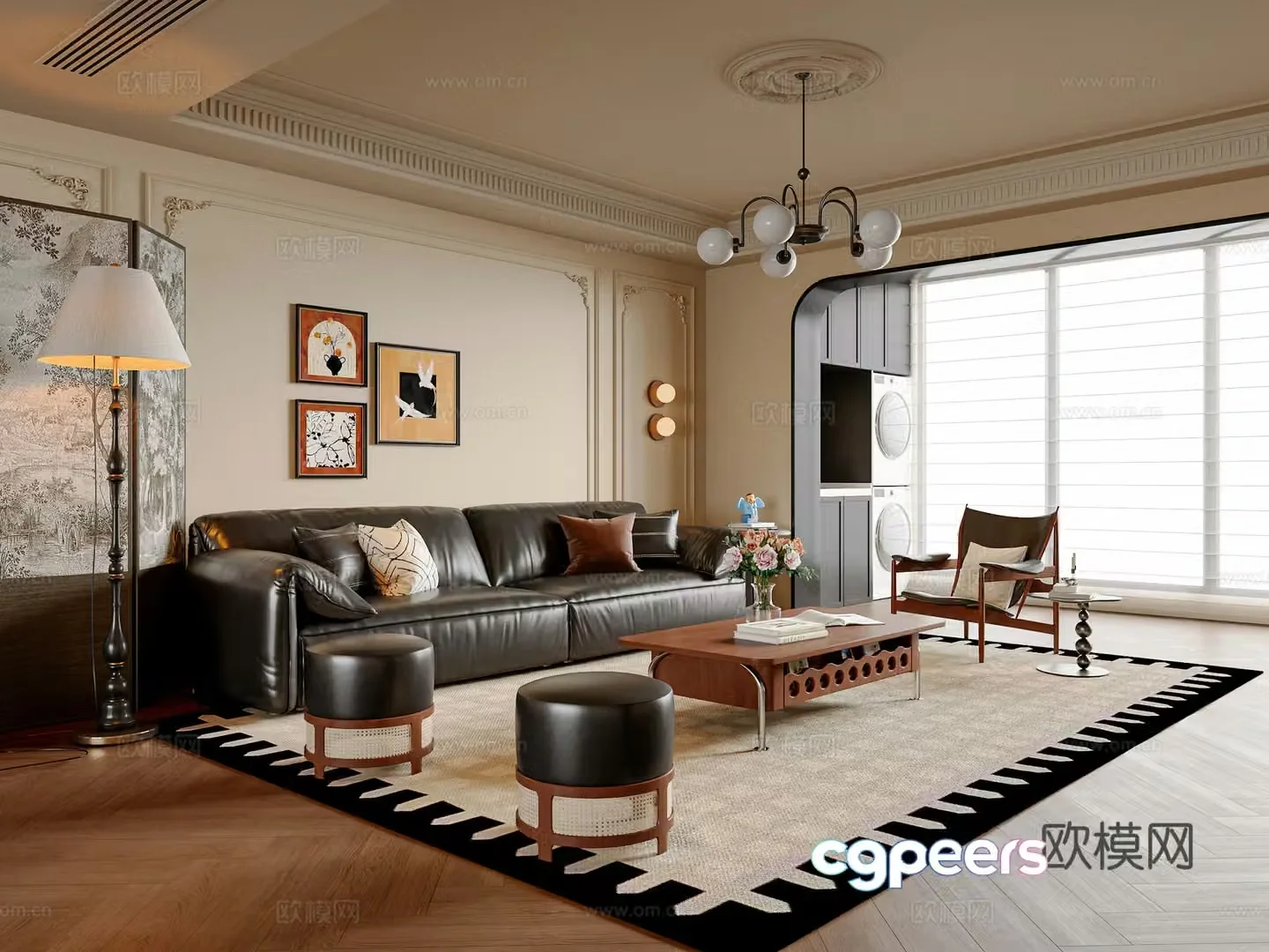 French medieval style living room sofa and coffee table combination leisure chair dunzi coffee table floor lamp 3D model