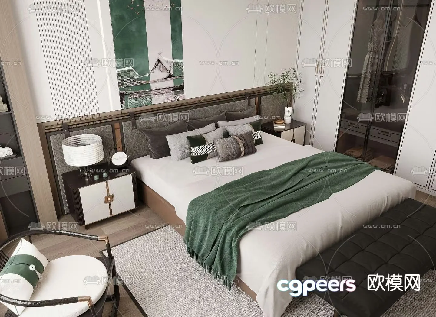New Chinese style double bed 3d model
