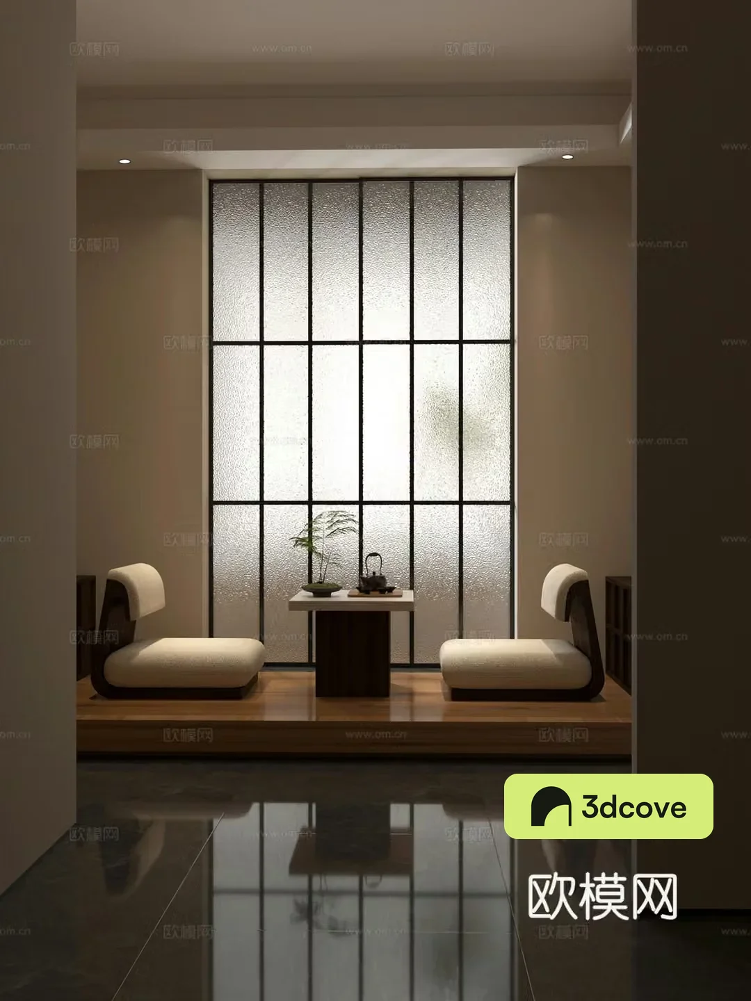 Middle-aged tea room balcony stepping rice tea table backrest chair tea set decorative ornaments embossed glass 3D model