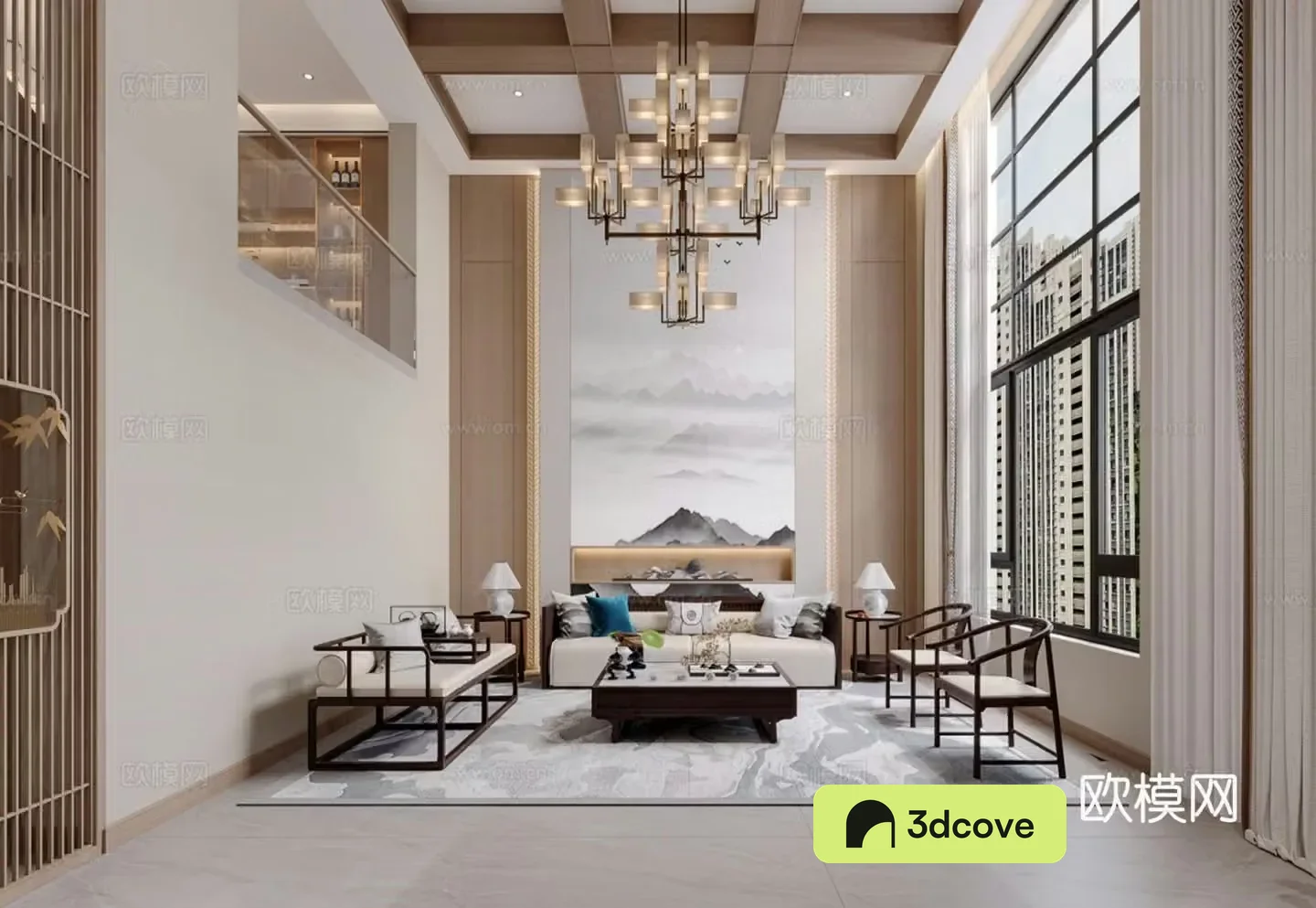 New Chinese style villa empty living room kitchen and dining room