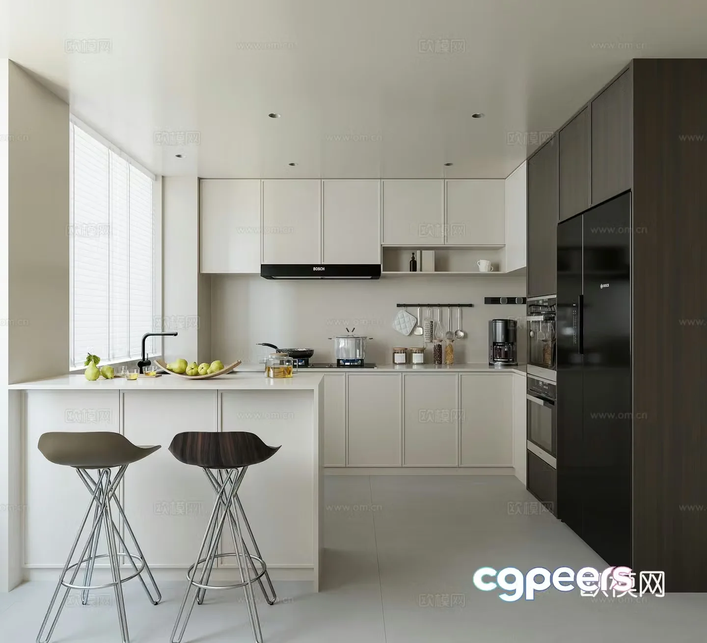 Modern kitchen Italian kitchen minimalist kitchen bar chair refrigerator kitchen 3d model