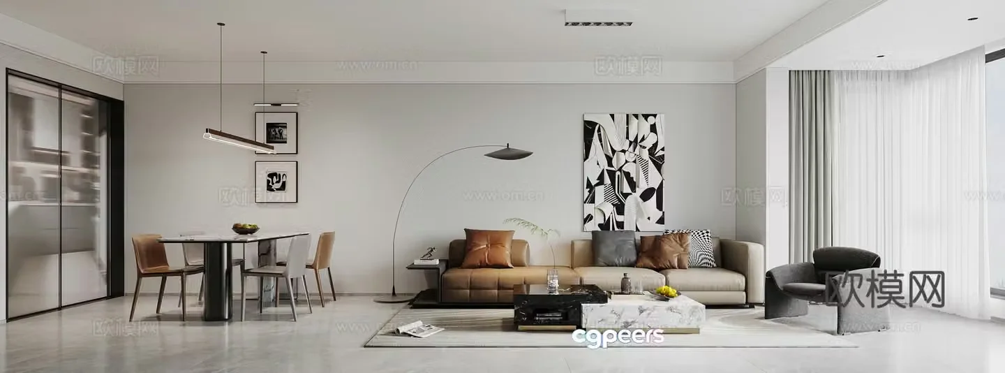 Modern living and dining room 3d model