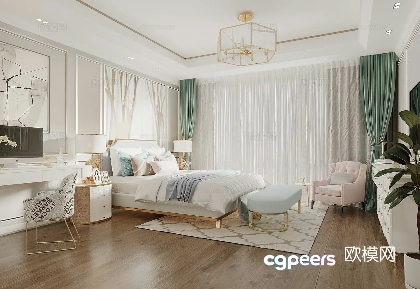 American bedroom French bedroom bedside background wall dressing table TV cabinet leisure chair 3d model