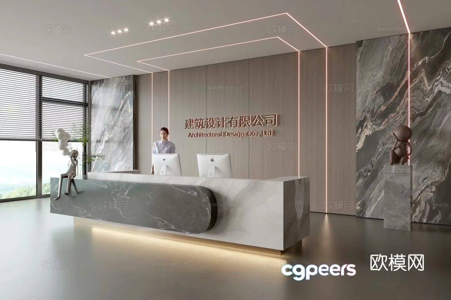 Modern company front desk reception area bar reception desk service desk company front desk background 3D model