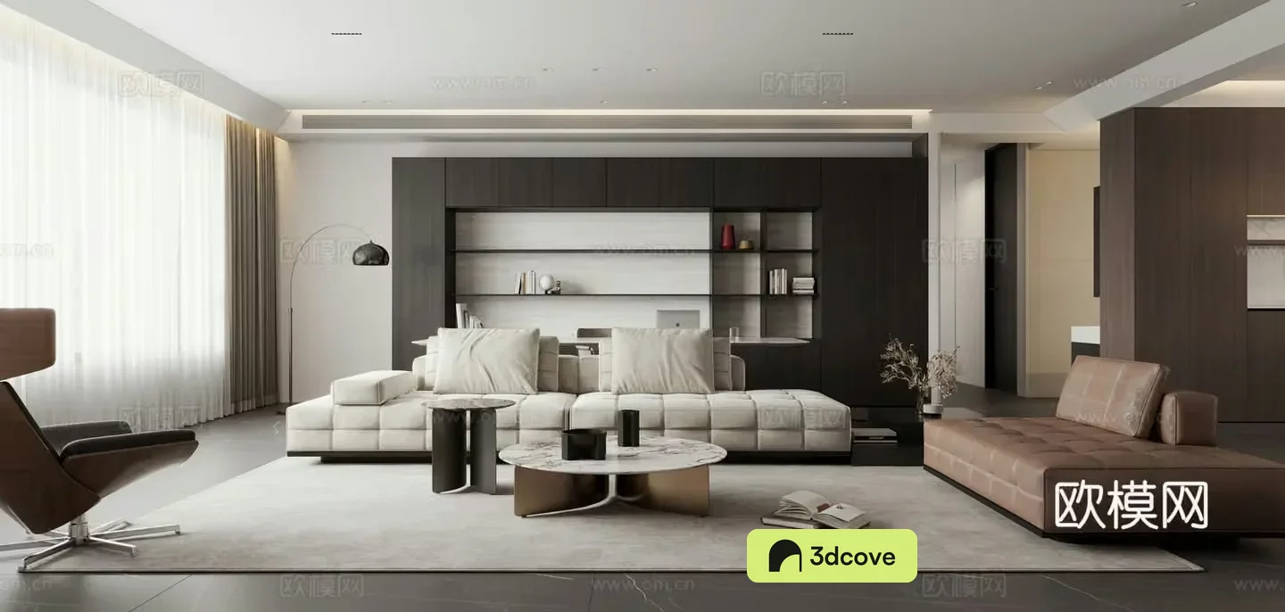 Italian black and white living room large flat floor horizontal hall homeless lights