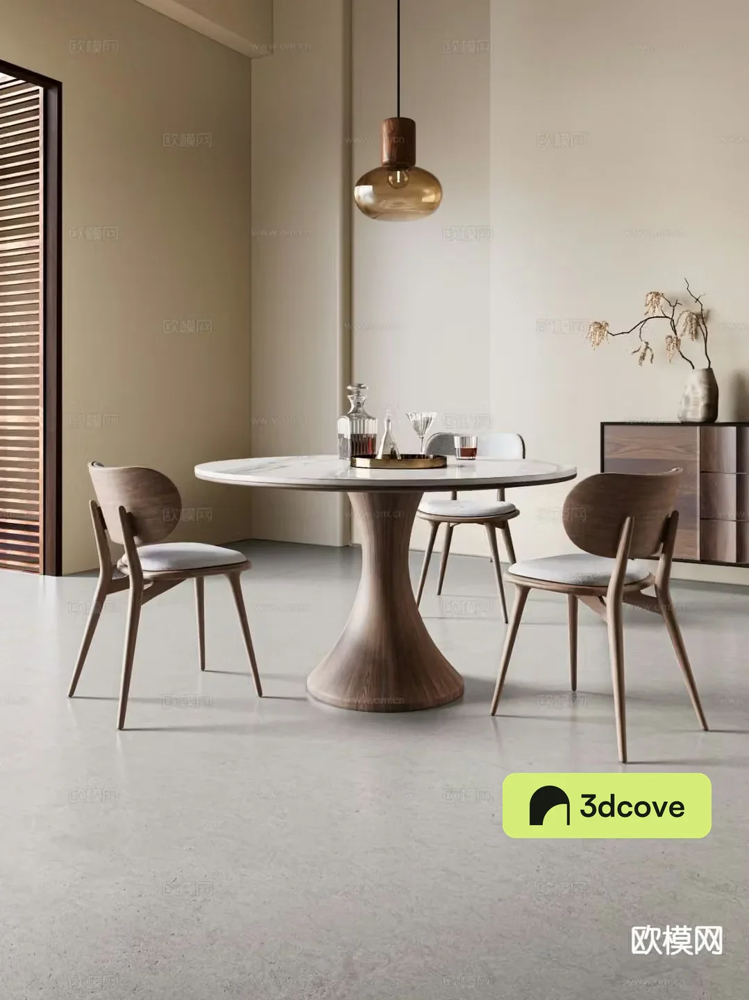 Wabi-sabi style dining table and chairs round dining table