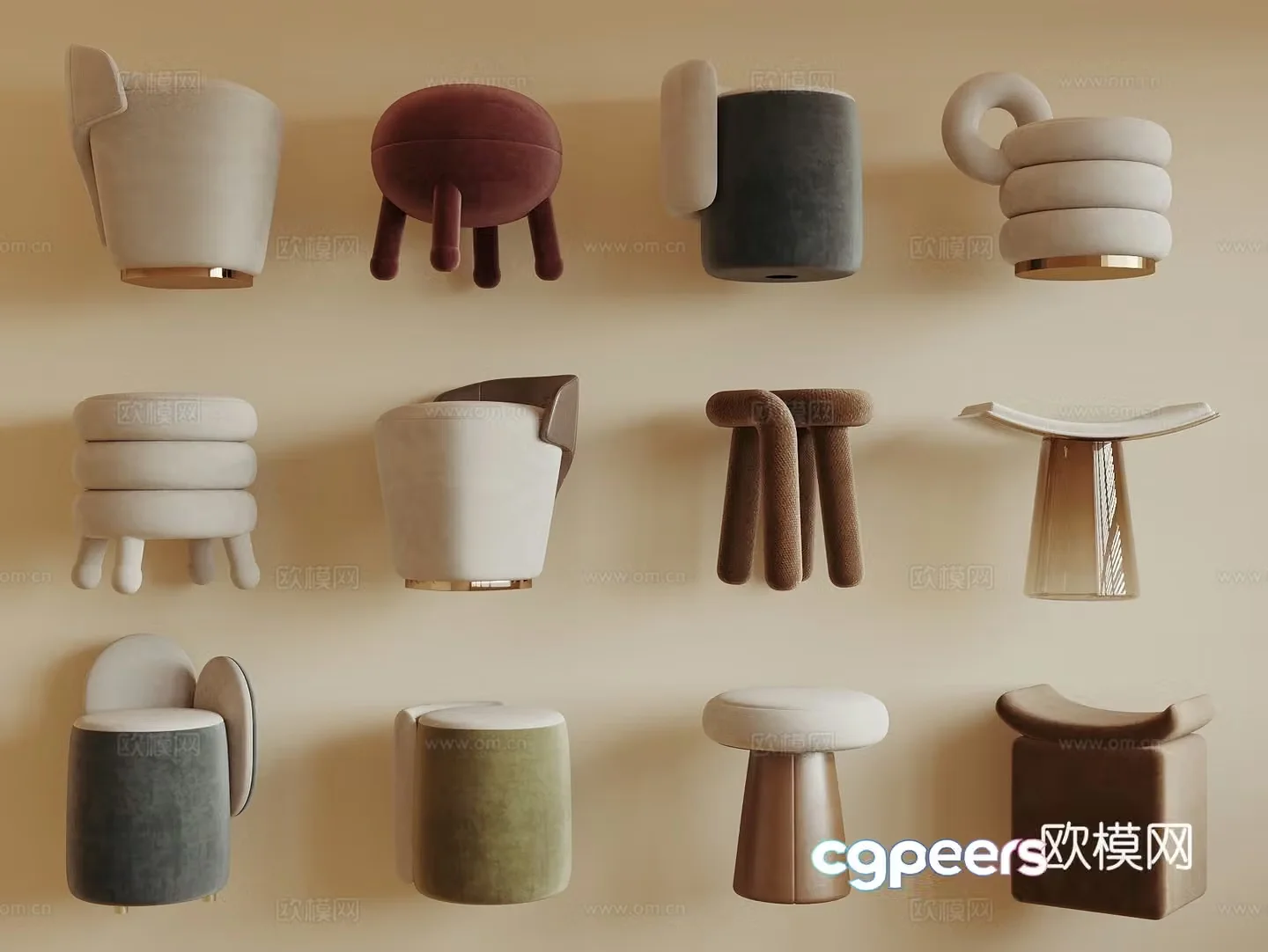 Modern cream style sofa stool low stool round stool shoe change stool small stool 3d model