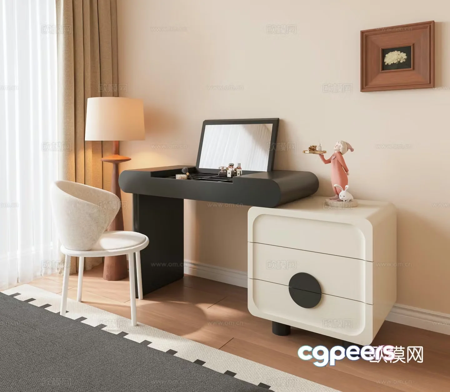Modern dressing table Cream style dressing table French dressing table Dressing mirror Dressing table Floor lamp 3D model