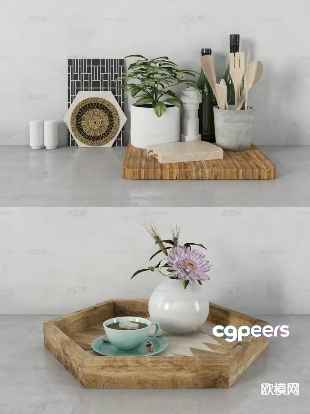 Modern decorations tableware books vases 3D model