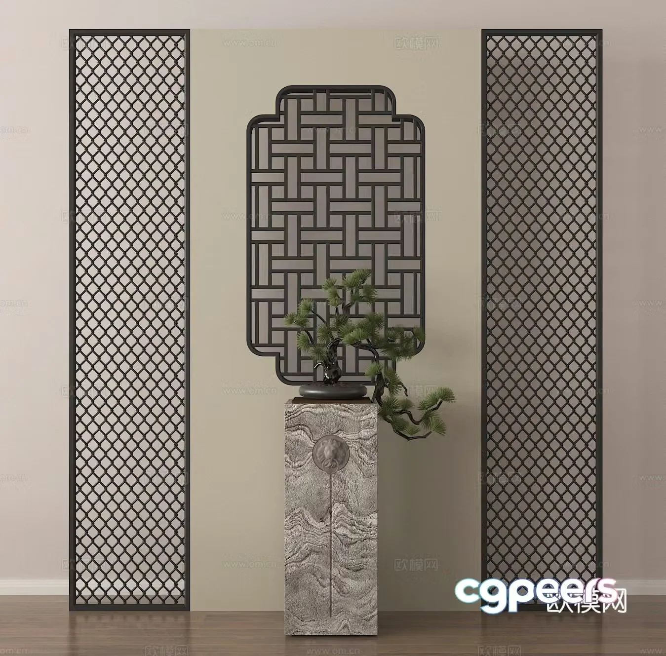 Entrance partition wooden grille flower bonsai 3d model