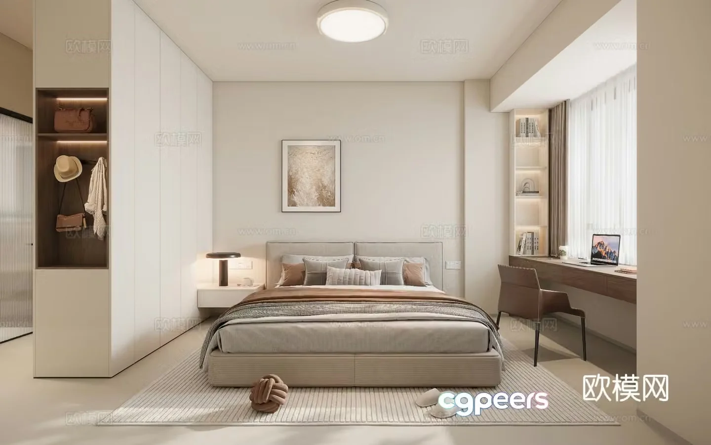 Creamy Bedroom Secondary Bedroom 3D Model