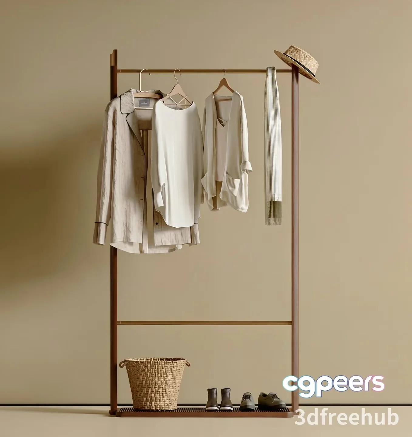 A Coat Rack With Clothes Hanging On It 3D Model – 22237 – VRAY Render