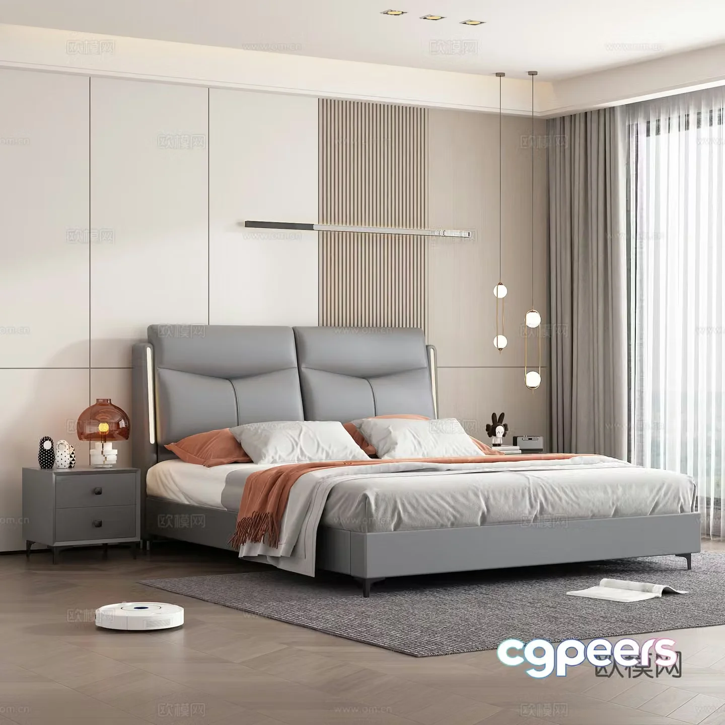Double bed leather soft pack double bed master bedroom leather bed bedroom bed nightstand bed 3d model