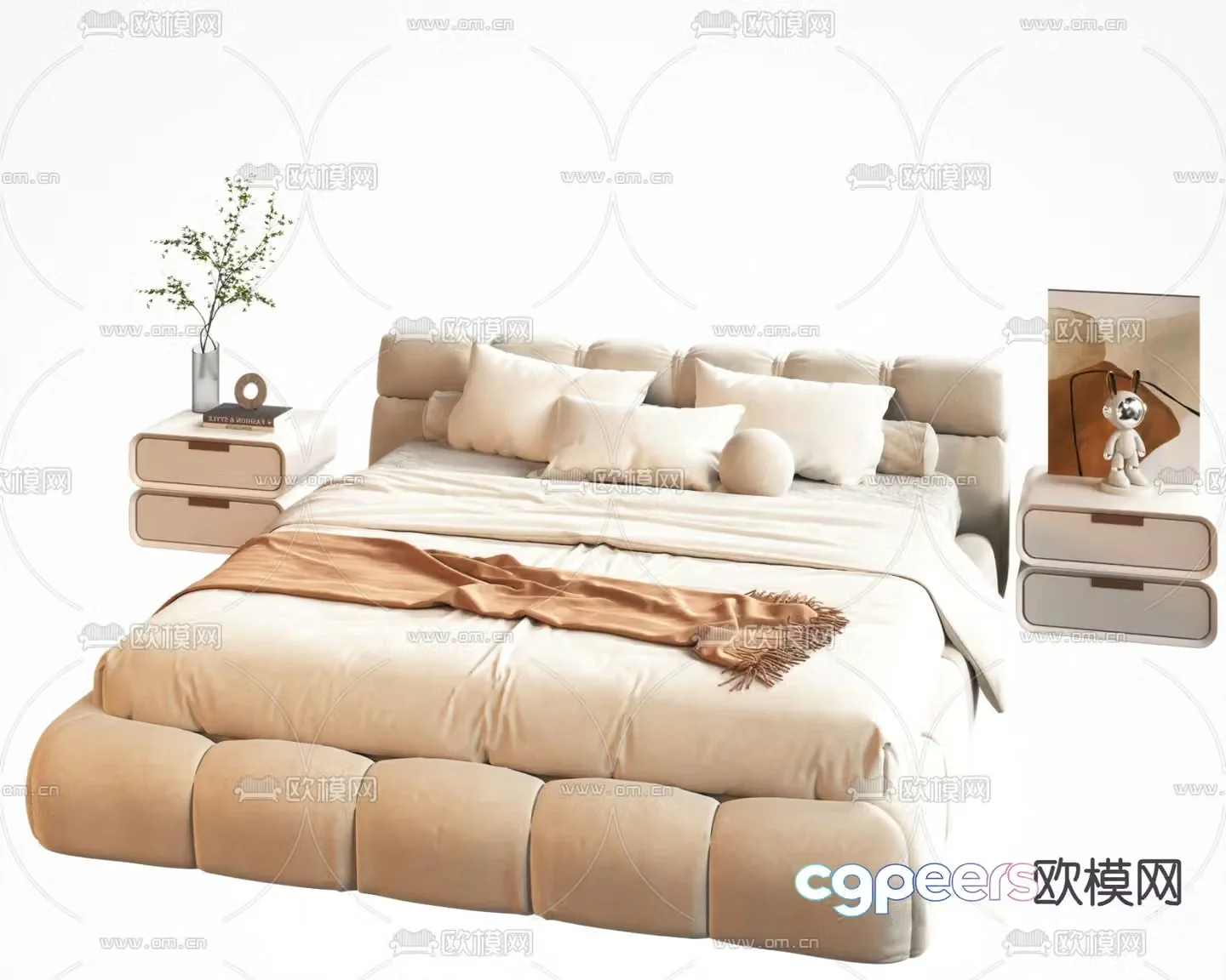 Cream style double bed 3d model