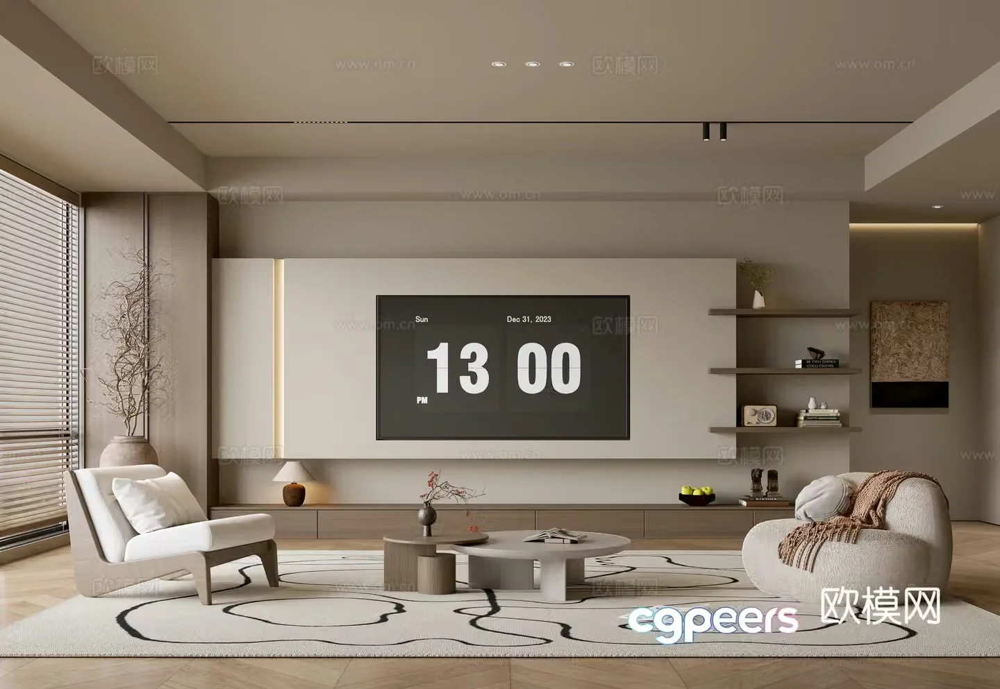 The ancient TV background wall of the TV cabinet and the background wall of the modern Wasabi style living room The ancient style 3D model