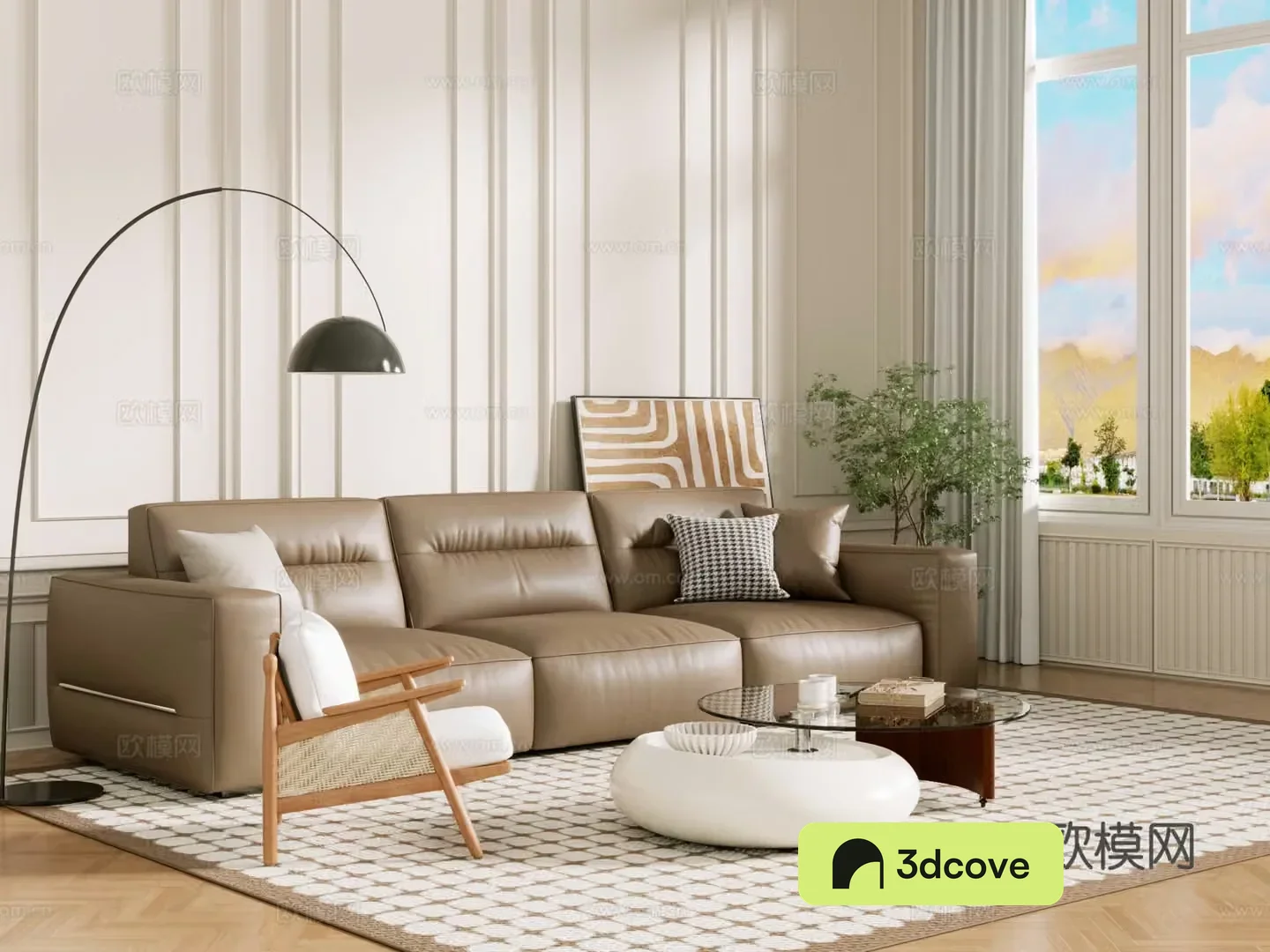 Middle-aged sofa combination coffee table carpet multi-person sofa 3D model
