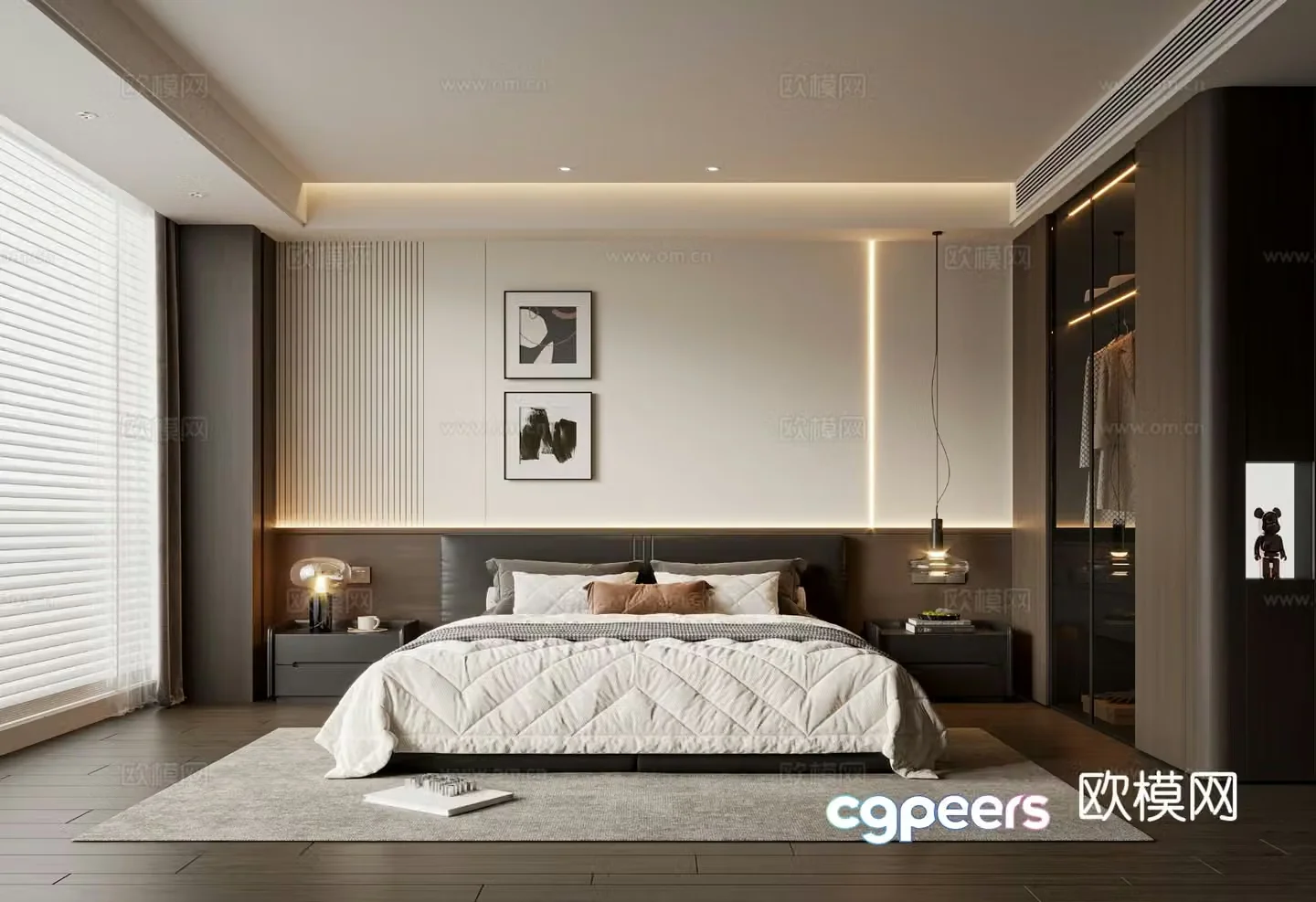 Modern minimalist bedroom leather double bed wardrobe chandeliers hanging paintings master bedroom 3D model