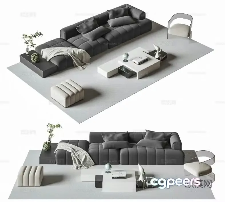 Modern cream sofa combination multi-person sofa black and white fabric sofa light luxury villa sofa simple 3D model