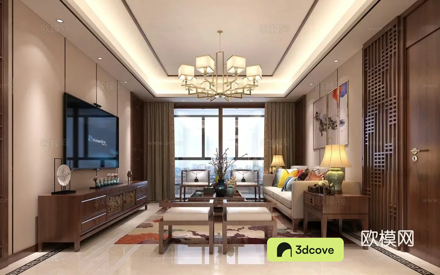 New Chinese style living and dining room double bed nightstand chandeliers paintings TV cabinet