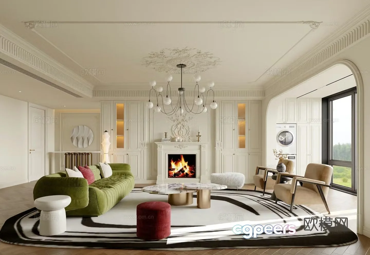 Modern light French living room light French horizontal hall large flat floor European fireplace 3D model