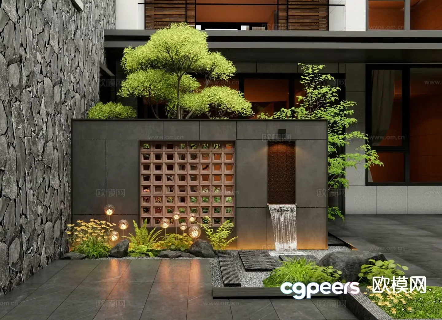 New Chinese style courtyard landscape wall hollow brick landscape wall flowing water landscape wall 3D model