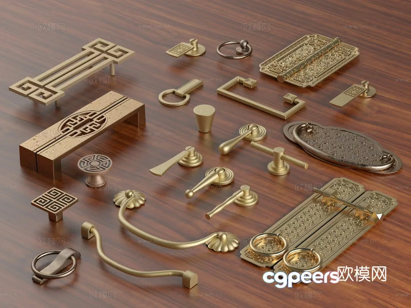 Chinese style handle wardrobe handle cabinet door handle yellow bronze handle classical handle 3D model