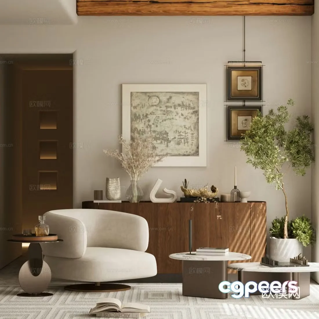 Middle-aged leisure chair chest of drawers hanging paintings 3D model