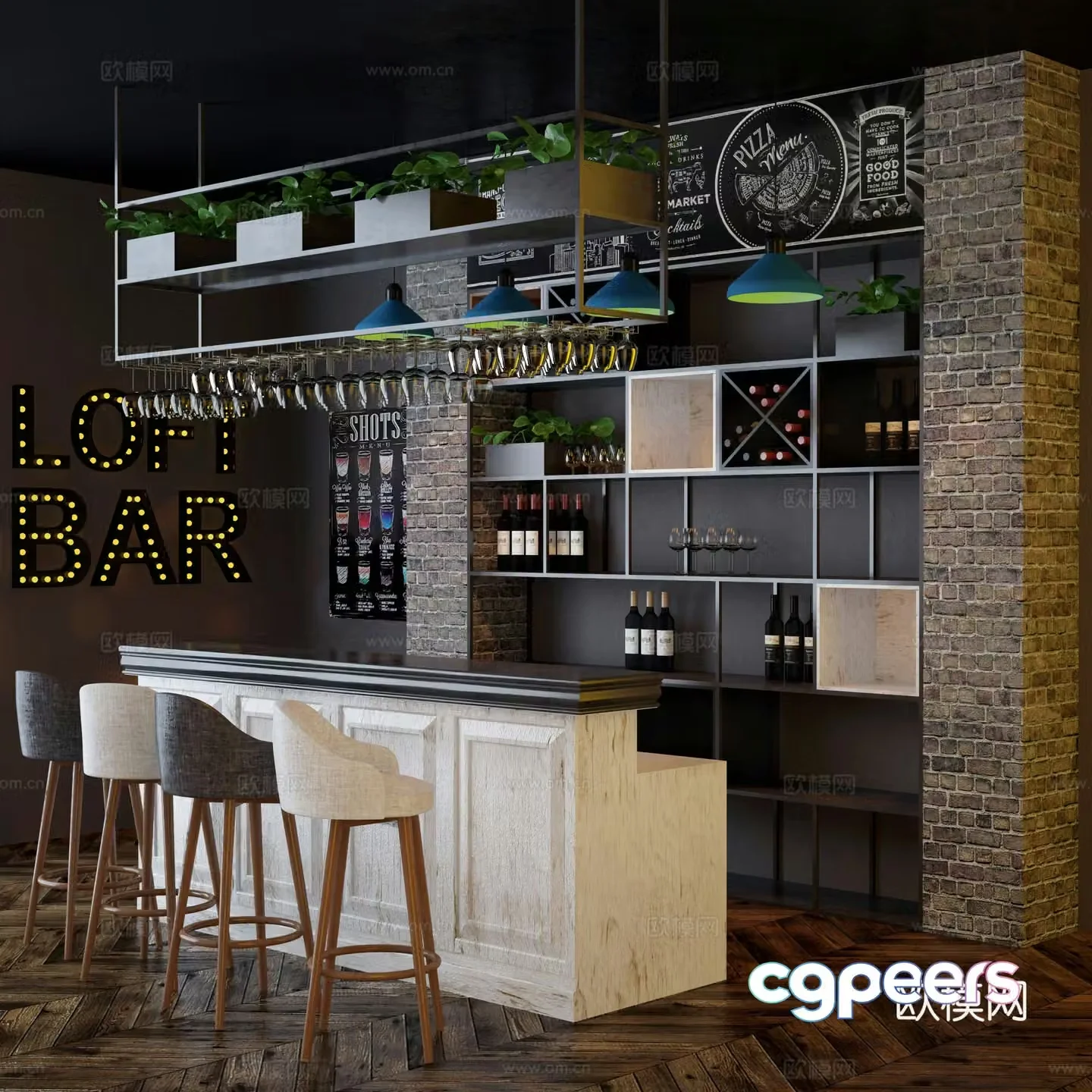 Industrial style coffee bar wine cabinet combination 3D model