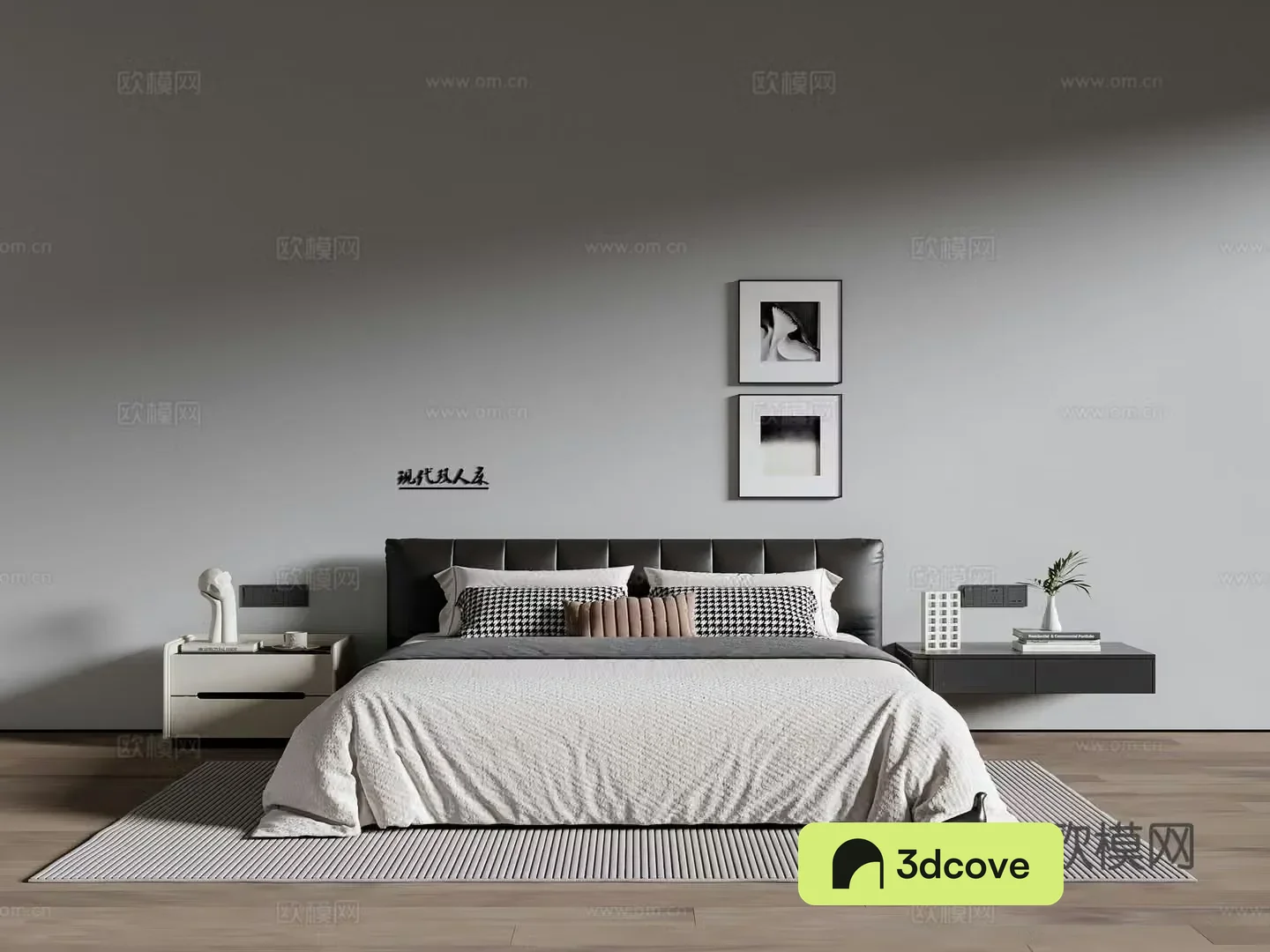 Modern Italian double bed leather double bed nightstand hanging painting carpet