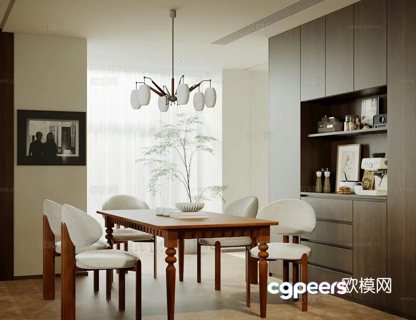 Middle-aged home restaurant Open restaurant Middle-aged dining table and chair combination sideboard decorative cabinet 3D model