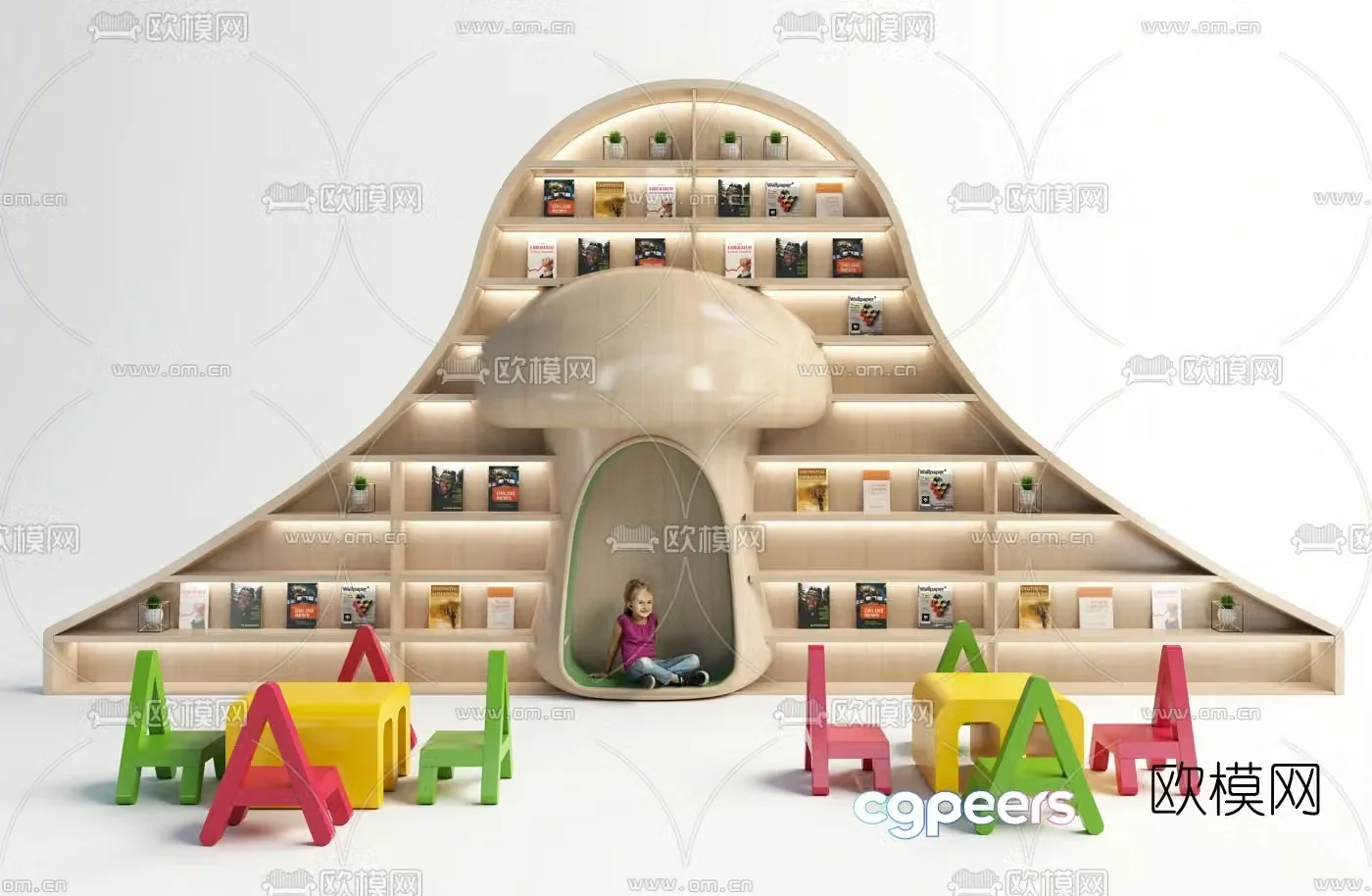 Modern children’s reading area bookcase desk chair 3d model