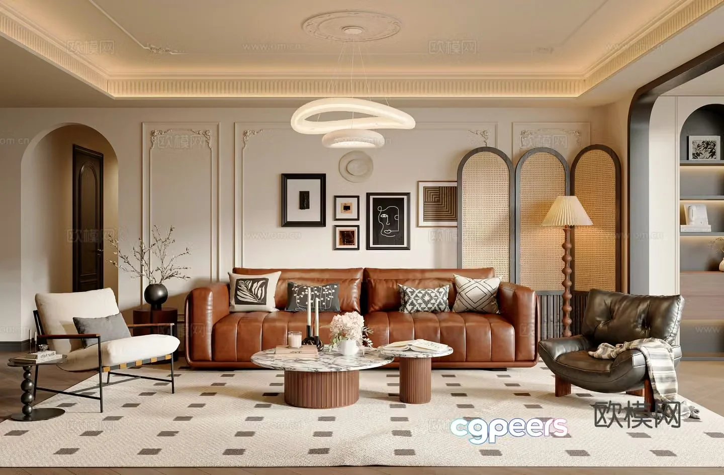 French medieval style living room sofa and coffee table combination leisure chair pier painting combination chandeliers 3D model