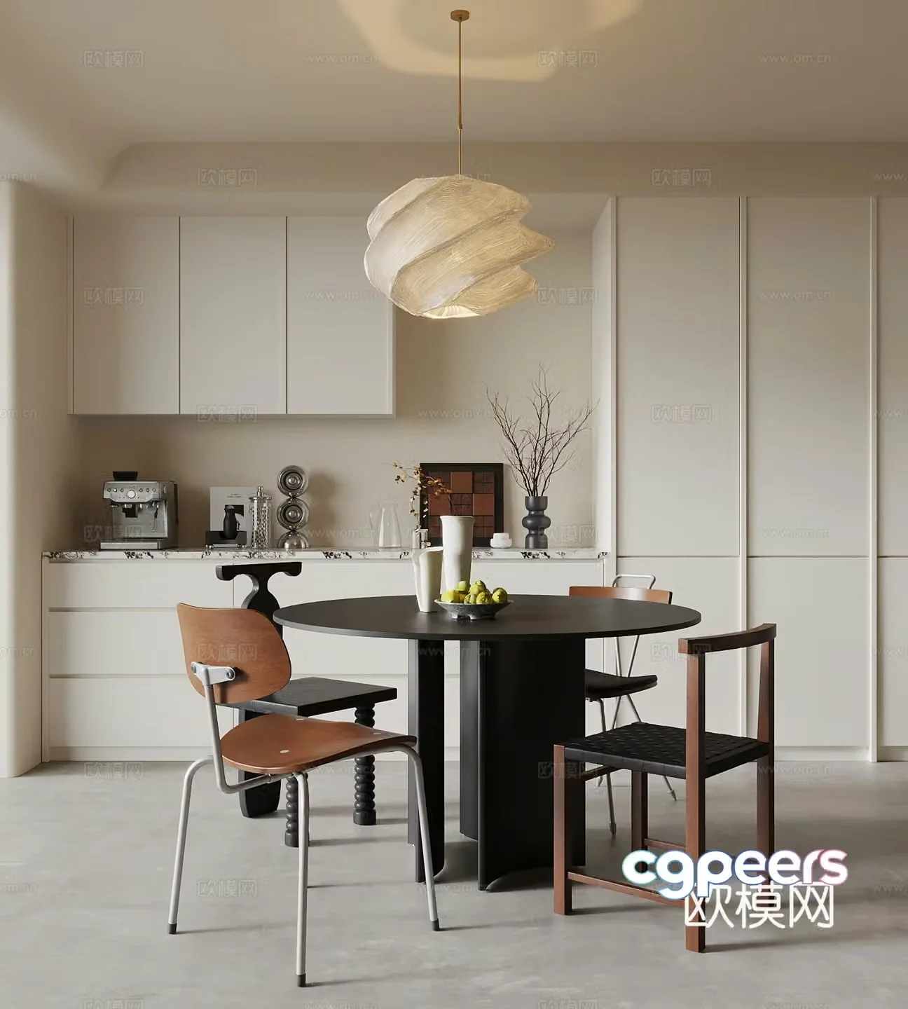 Middle style restaurant dining table chair wine cabinet 3d model