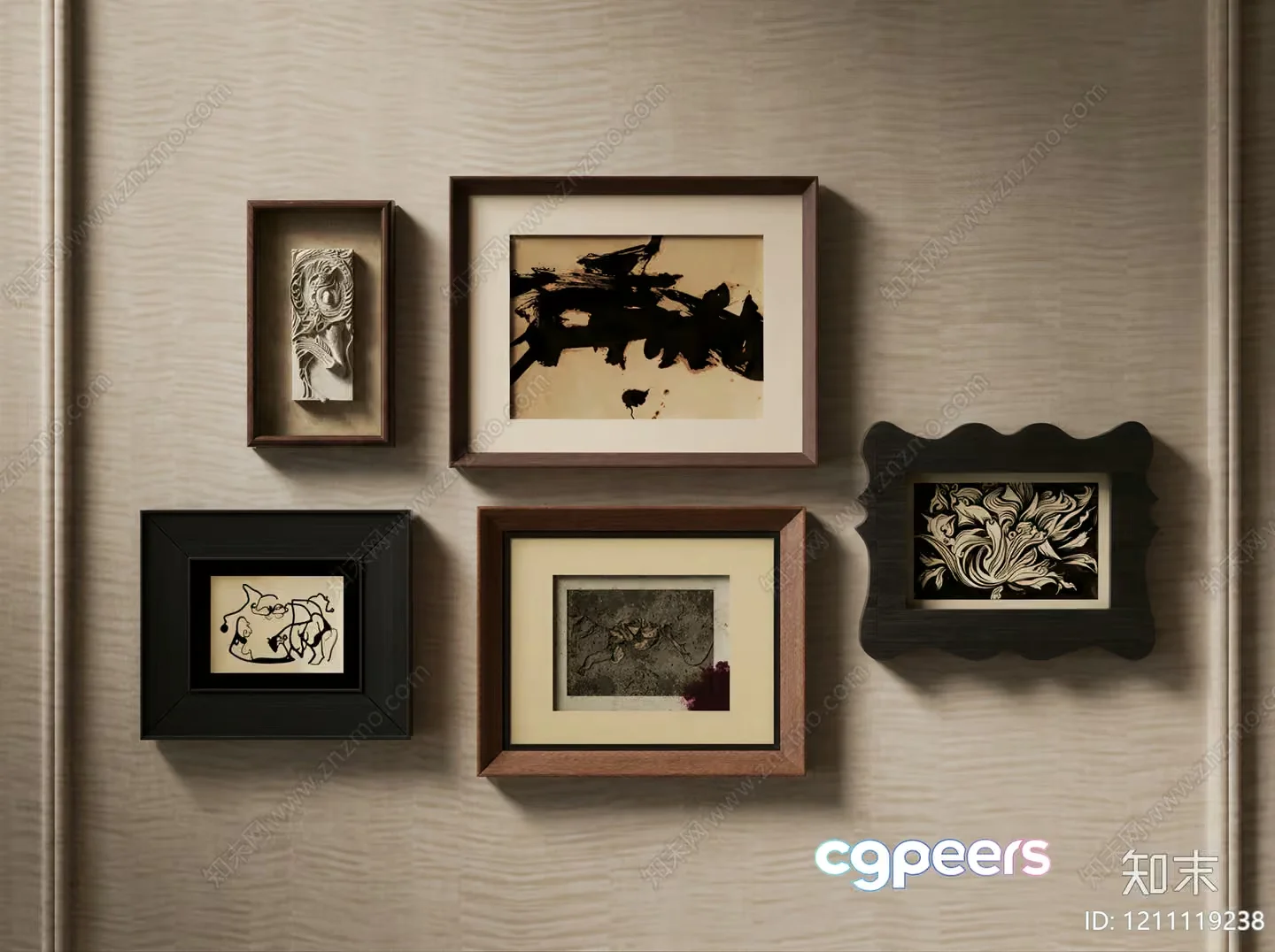 Six Framed Art Pieces On A Wall 3D Model – 1365 – VRAY Render