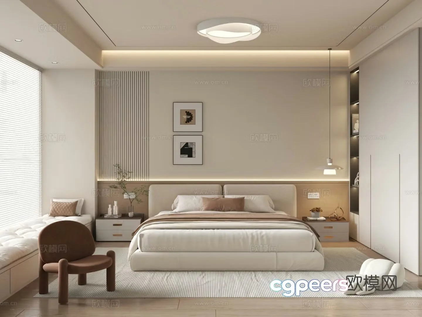 Creamy Bedroom Bathroom Window Bedroom 3D Model