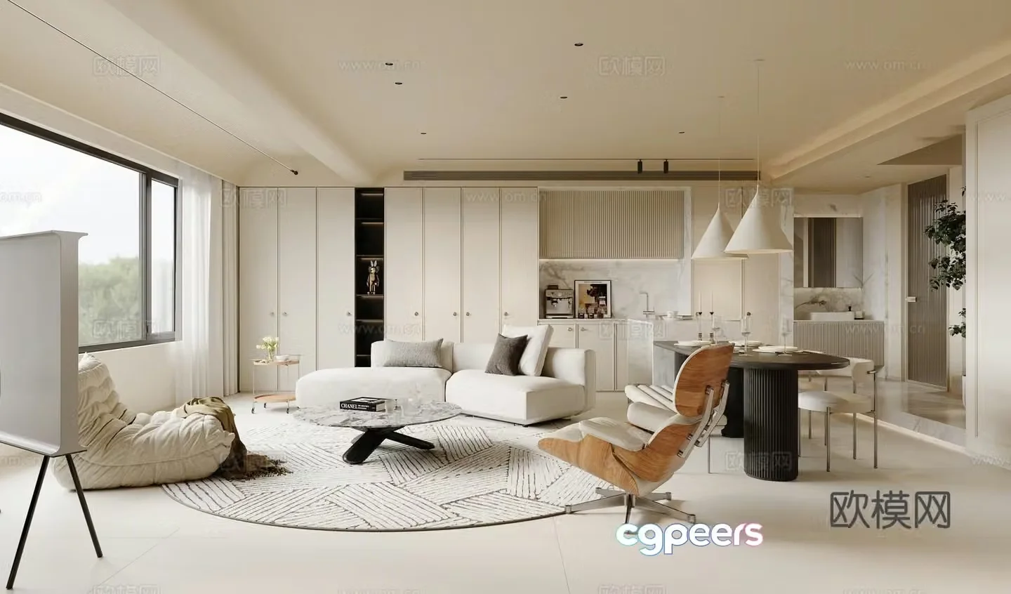 Modern cream style villa living and dining room sofa coffee table combination TV cabinet lazy sofa jewelry 3D model