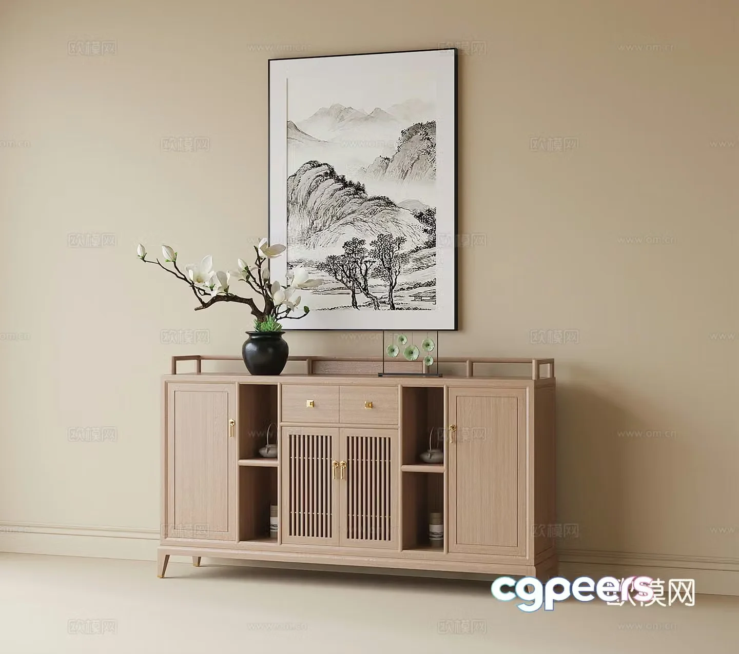 New Chinese side cabinet tea cabinet vase flower art decorative cabinet 3D model