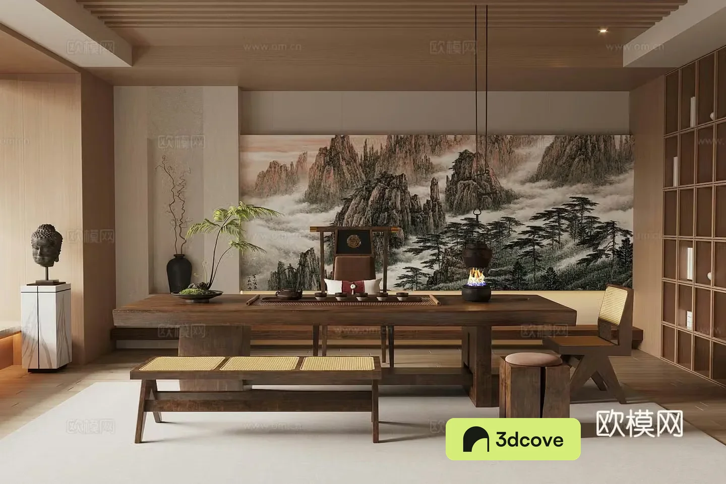 Middle-aged tea room tea tasting area Japanese tea room tatami tea room tatami tea table and chair tea leaves 3D model