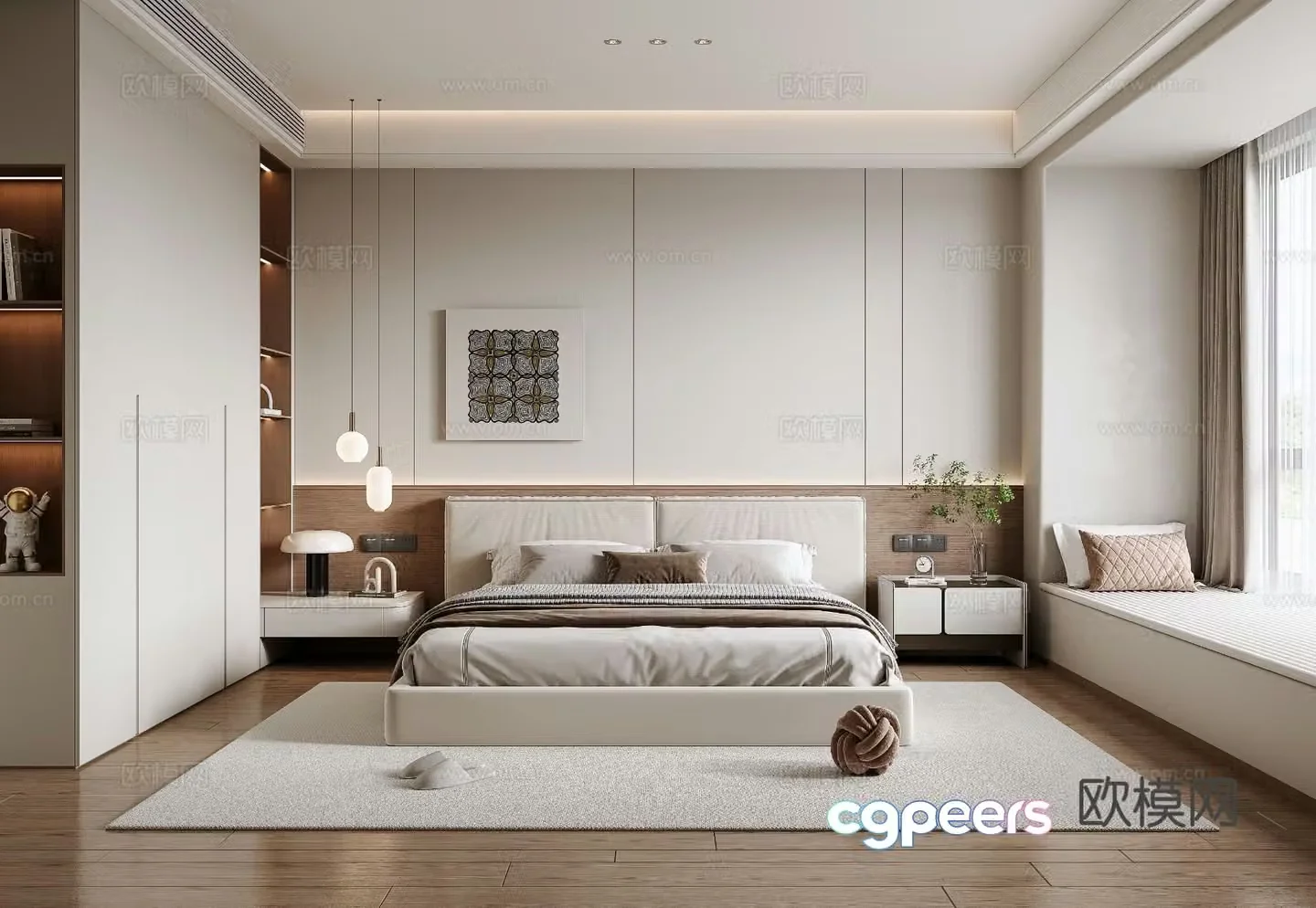 Modern home bedroom double bed vase ornament chandelier wardrobe sculpture book carpet 3d model
