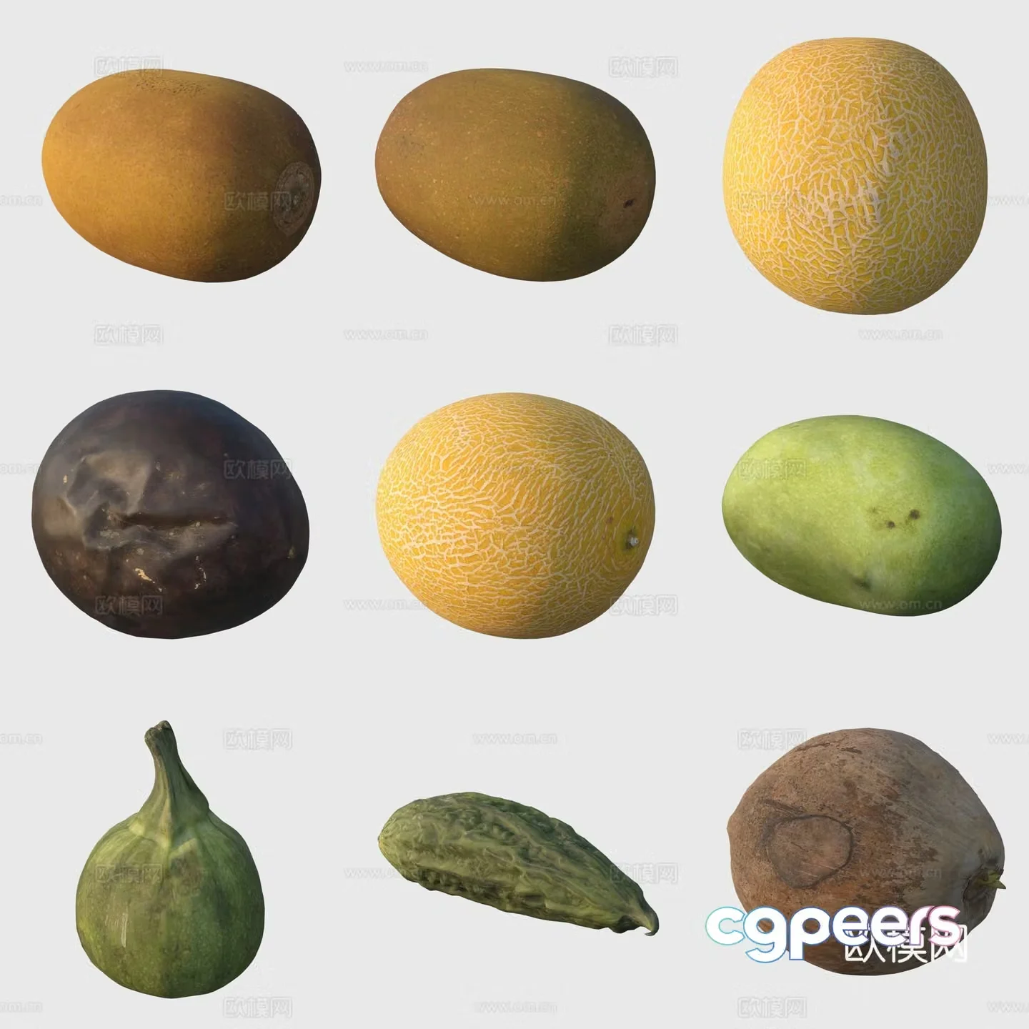 Fruits and vegetables zucchini bitter melon kiwi melon 3d model