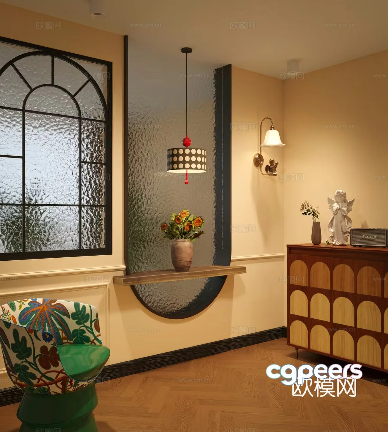 Medium style entrance entrance hall Medium style hall Medium style side cabinet Medium style wall lamp Glass partition 3D model