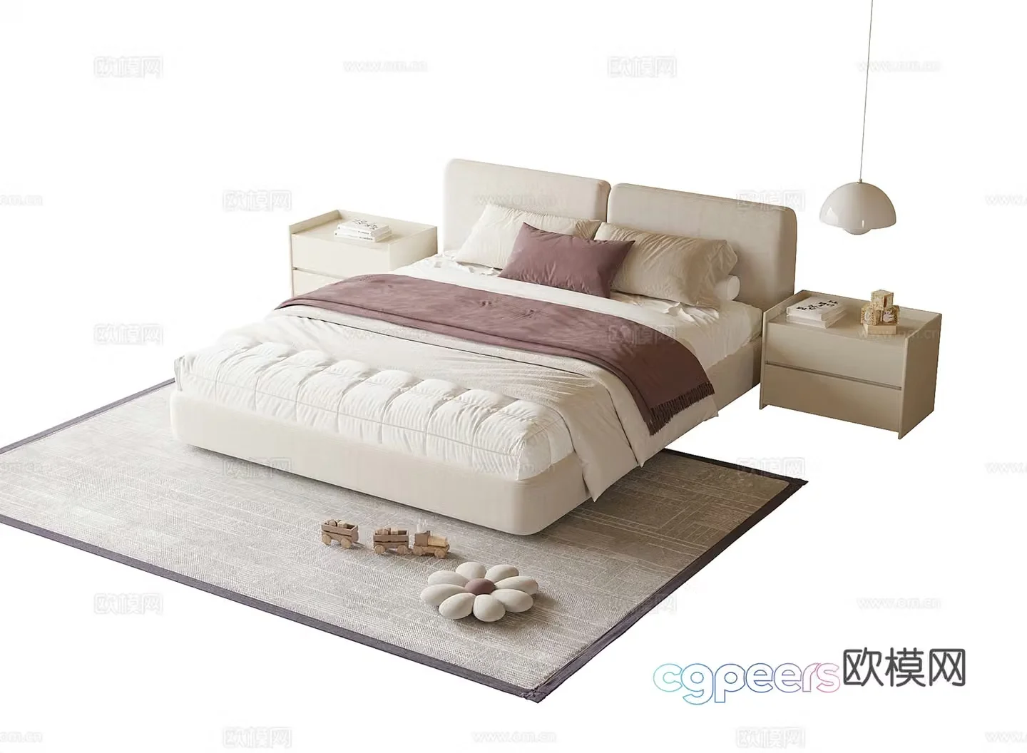 Cream style double bed 3d model