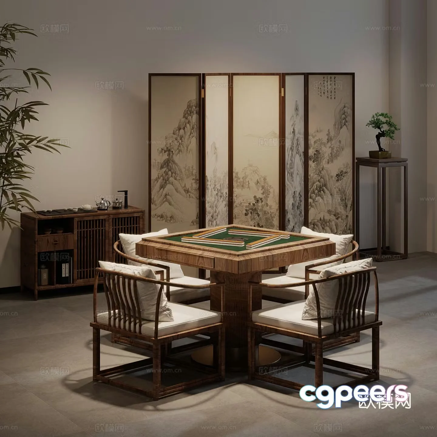 New Chinese chess and card room mahjong table screen tea cabinet 3D model