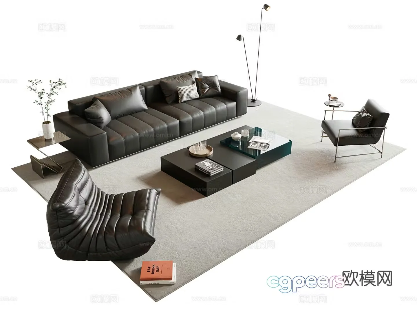 Italian sofa coffee table combination sofa leather sofa multi-person sofa straight sofa 3D model