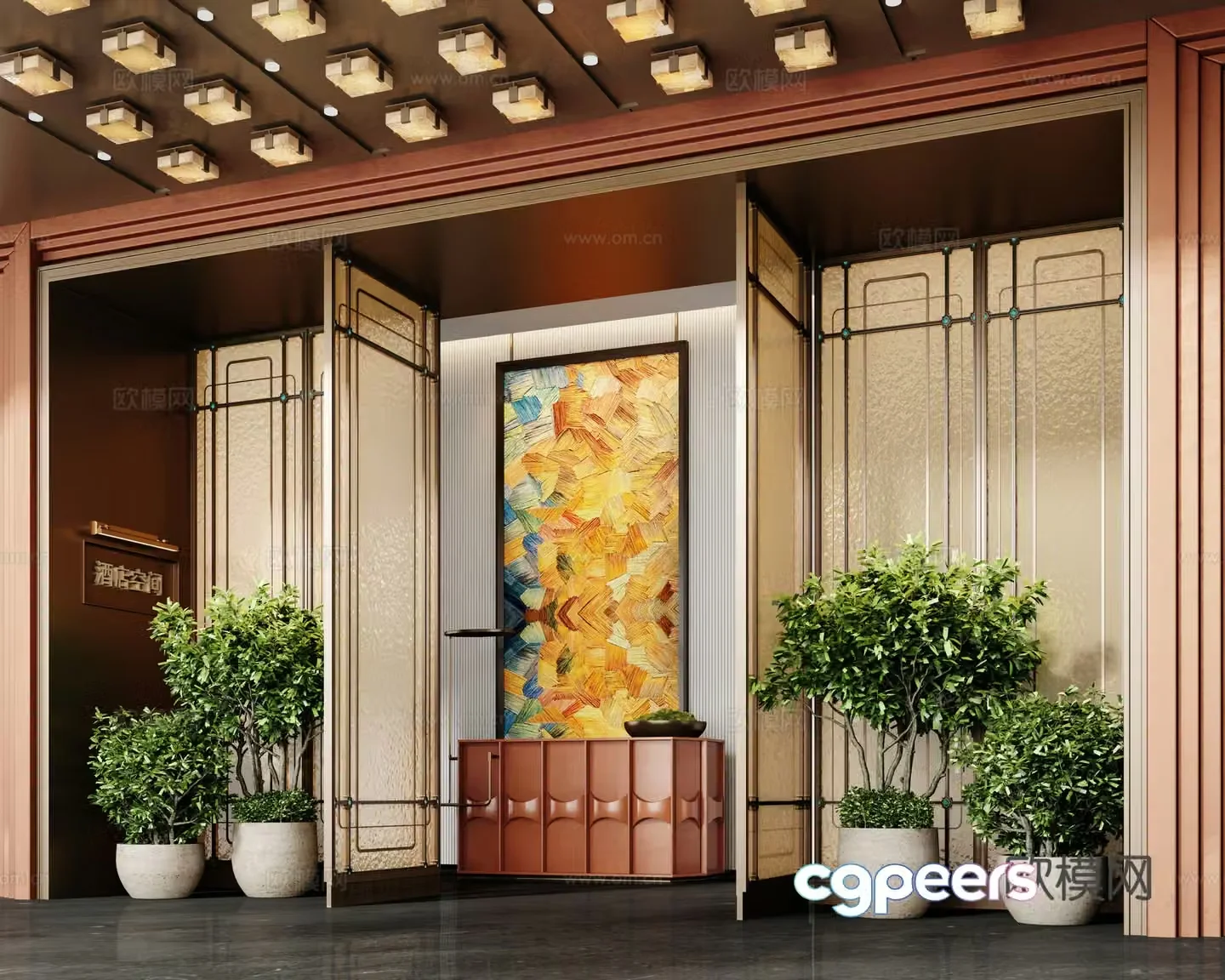 New Chinese-style hotel lobby end view 3D model