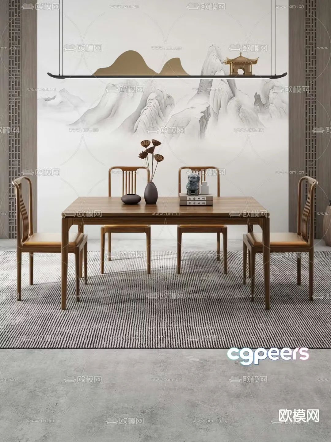 New Chinese style dining table and chairs log dining table 3d model