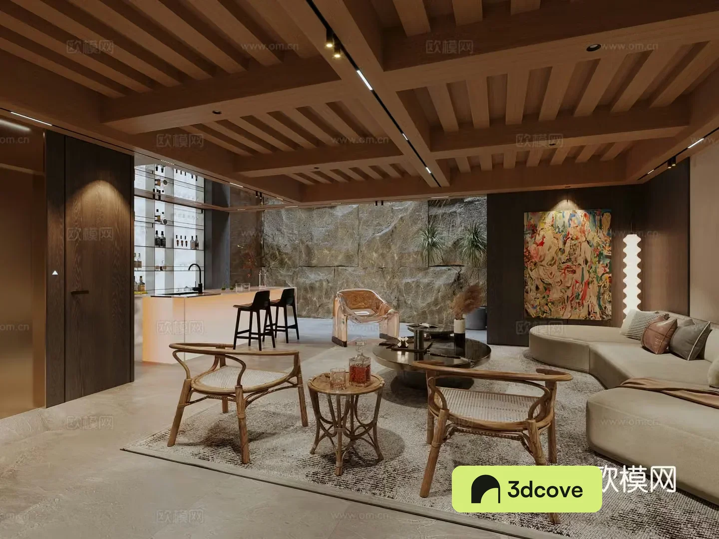 Villa basement seating area hanging painting floor lamp bar wine cabinet sofa coffee table combination